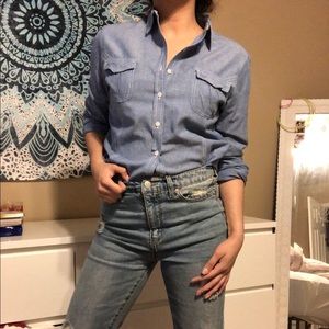 Blue button down top